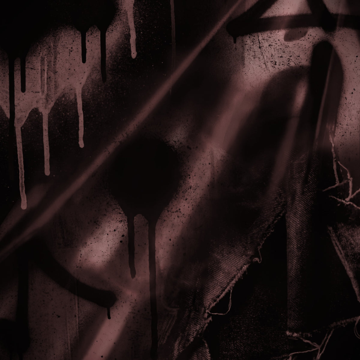 Dark abstract artwork with dripping paint, distressed fabric, and diagonal light beams in a monochrome sepia-toned palette.